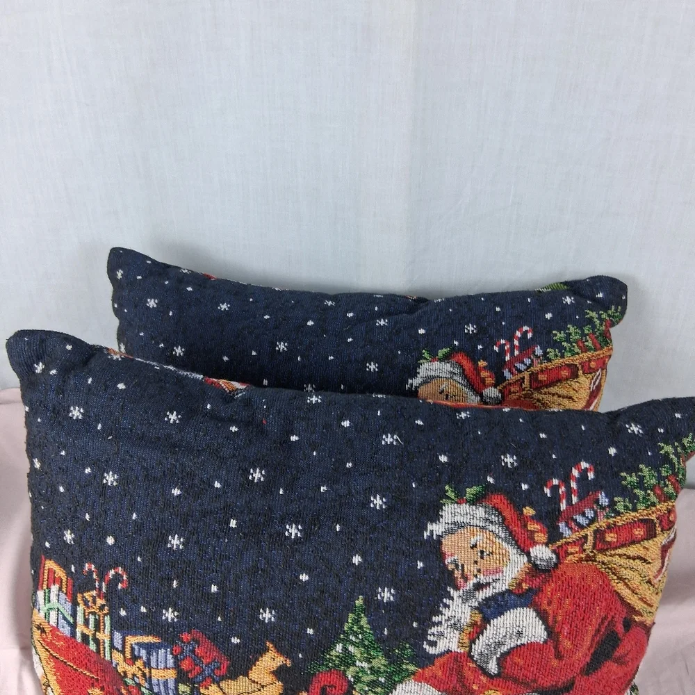 2 Tapestry Christmas Double Sided Reversible Throw Pillows Santa Ornaments Sofa